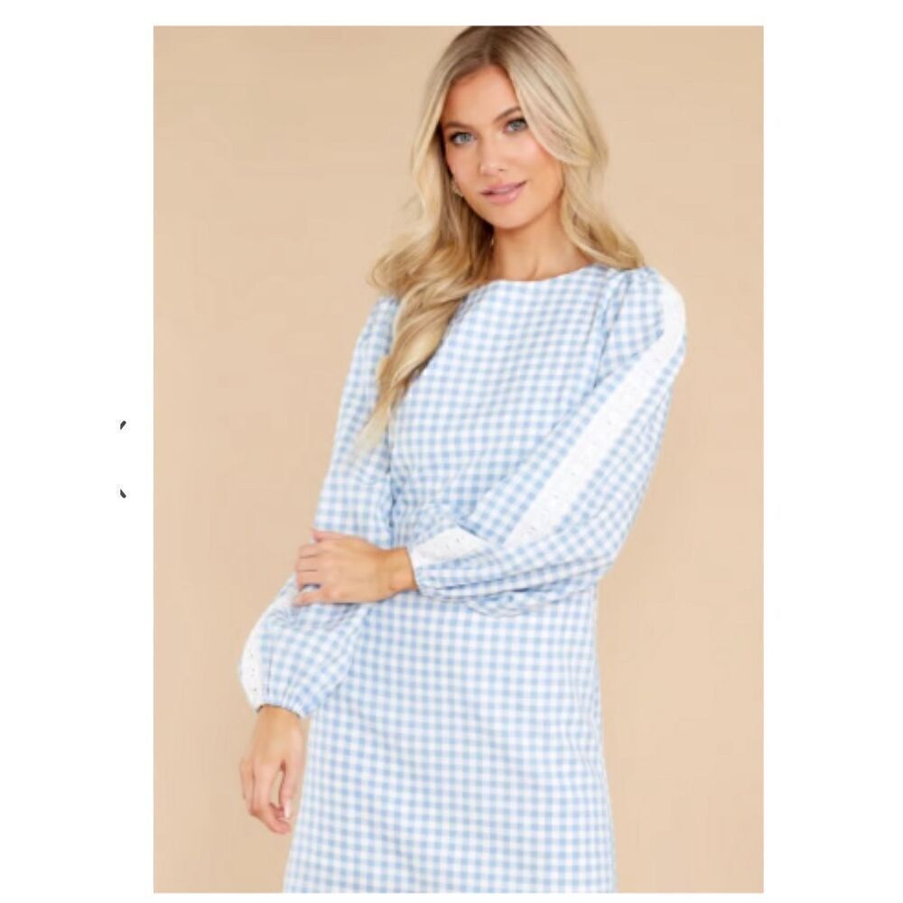 Aura Blue Gingham long sleeve mini dress M - Picture 10 of 10